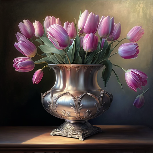 Silver Vase Of Pink Tulips Diamond Art Kit