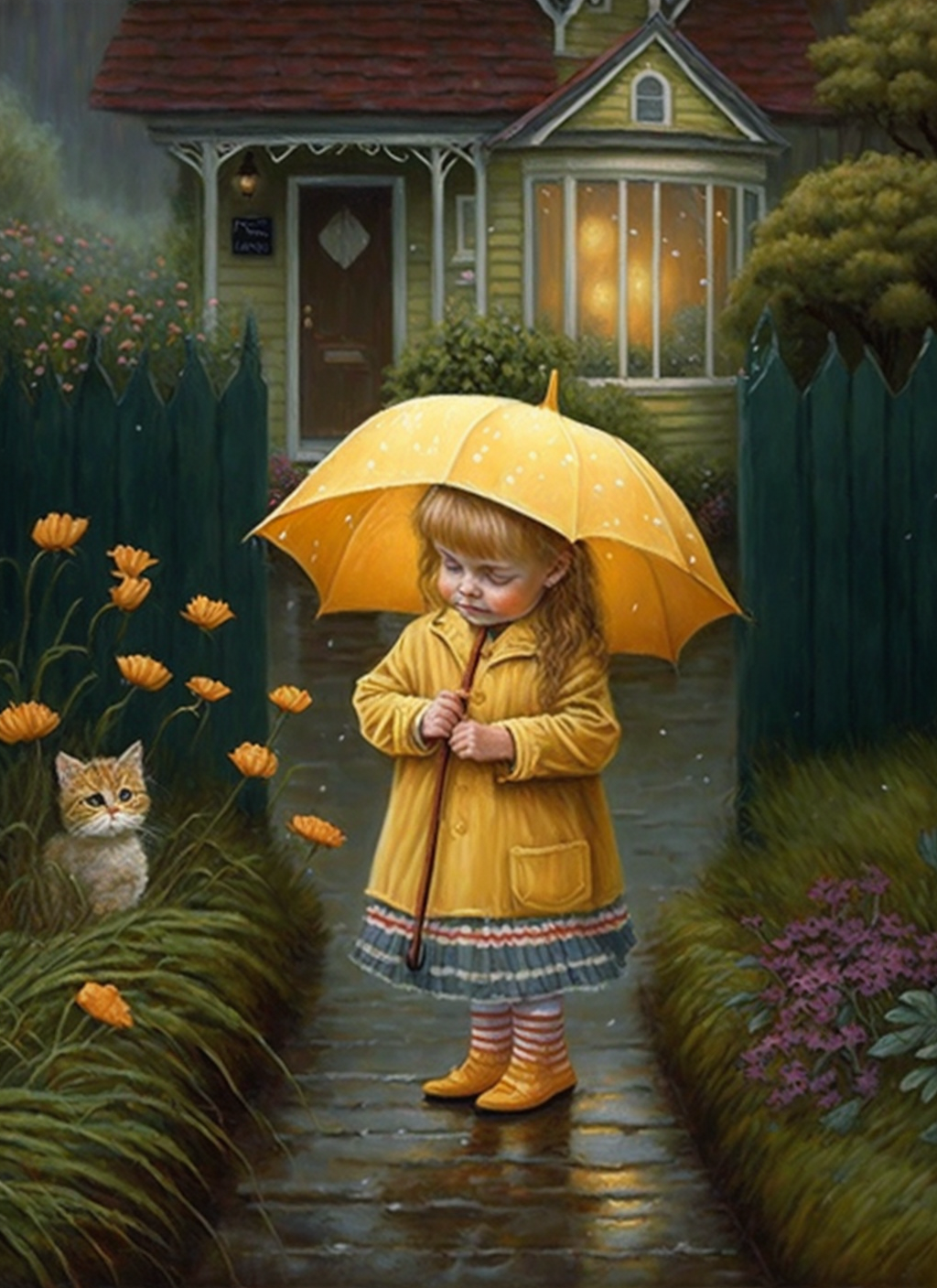 Little Girl Cat In The Rain Diamond Art Kit