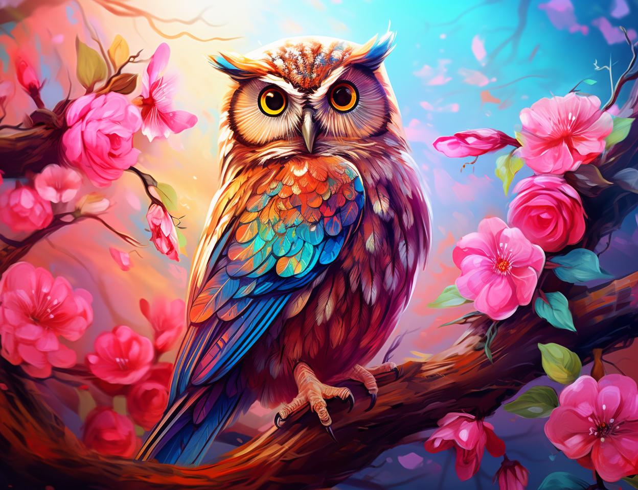 Pink Flowers Owl Diamond Art Kit