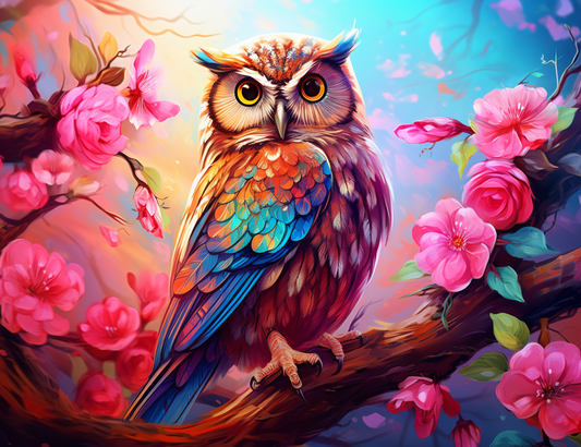 Pink Flowers Owl Diamond Art Kit