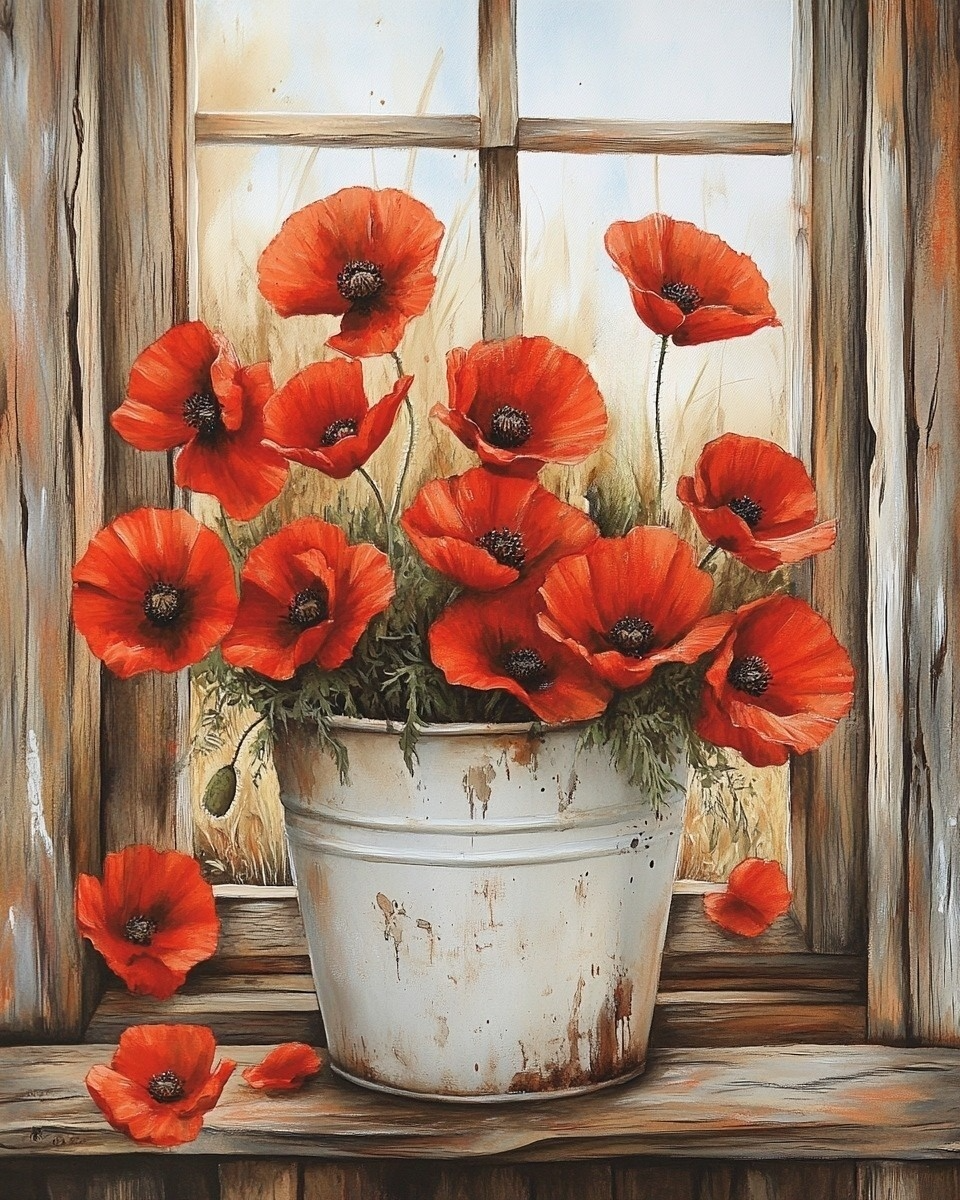 White Bucket Of Poppies Diamond Art Kit