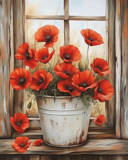 White Bucket Of Poppies Diamond Art Kit