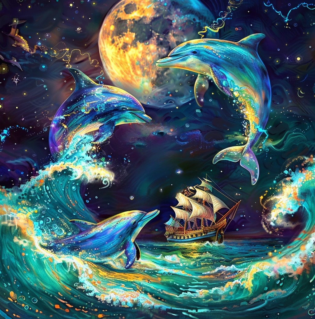 Dolphins Moon And Ship Diamond Art Kit