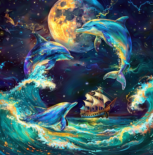 Dolphins Moon And Ship Diamond Art Kit
