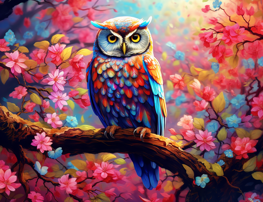 Rainbow Feather Owl On A Branch Diamond Art Kit