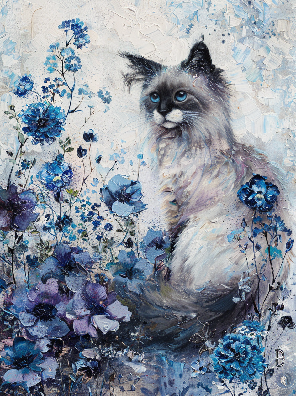 Purple Blue Flower Cat Diamond Art Kit