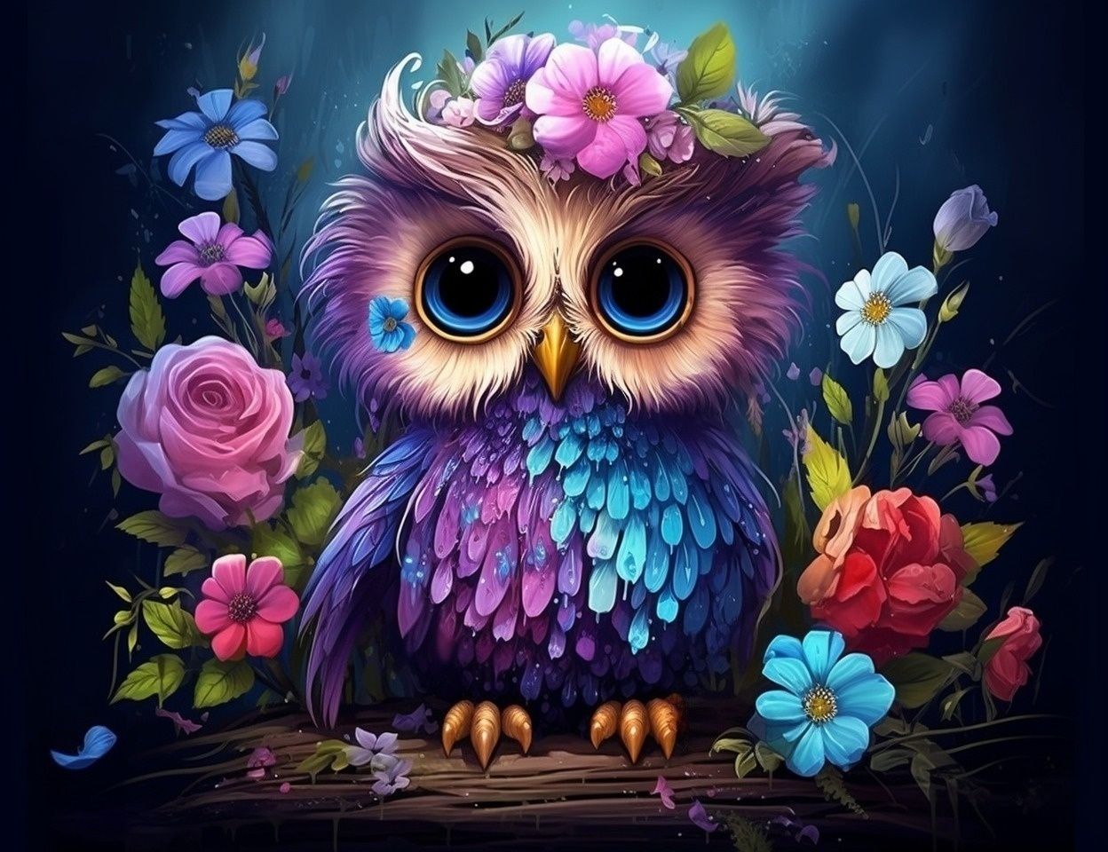 Owl In Colorful Flowers Diamond Art Kit