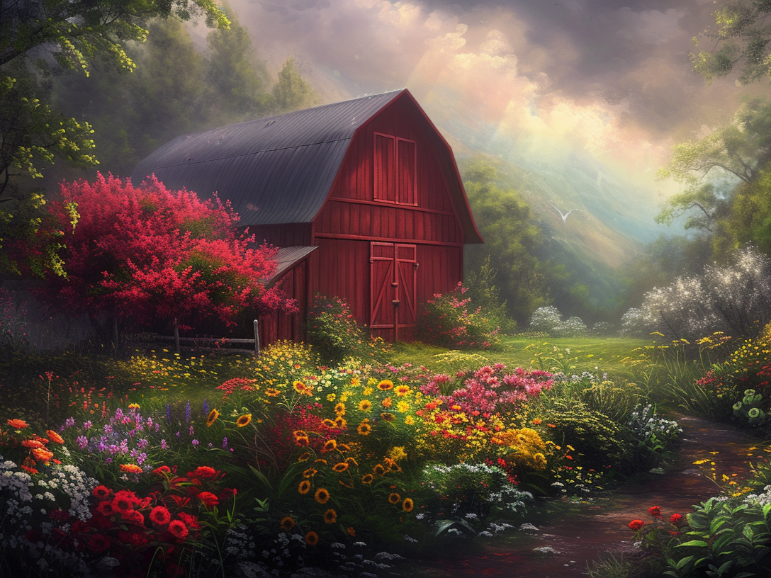 Red Barn And Flower Garden Diamond Art Kit