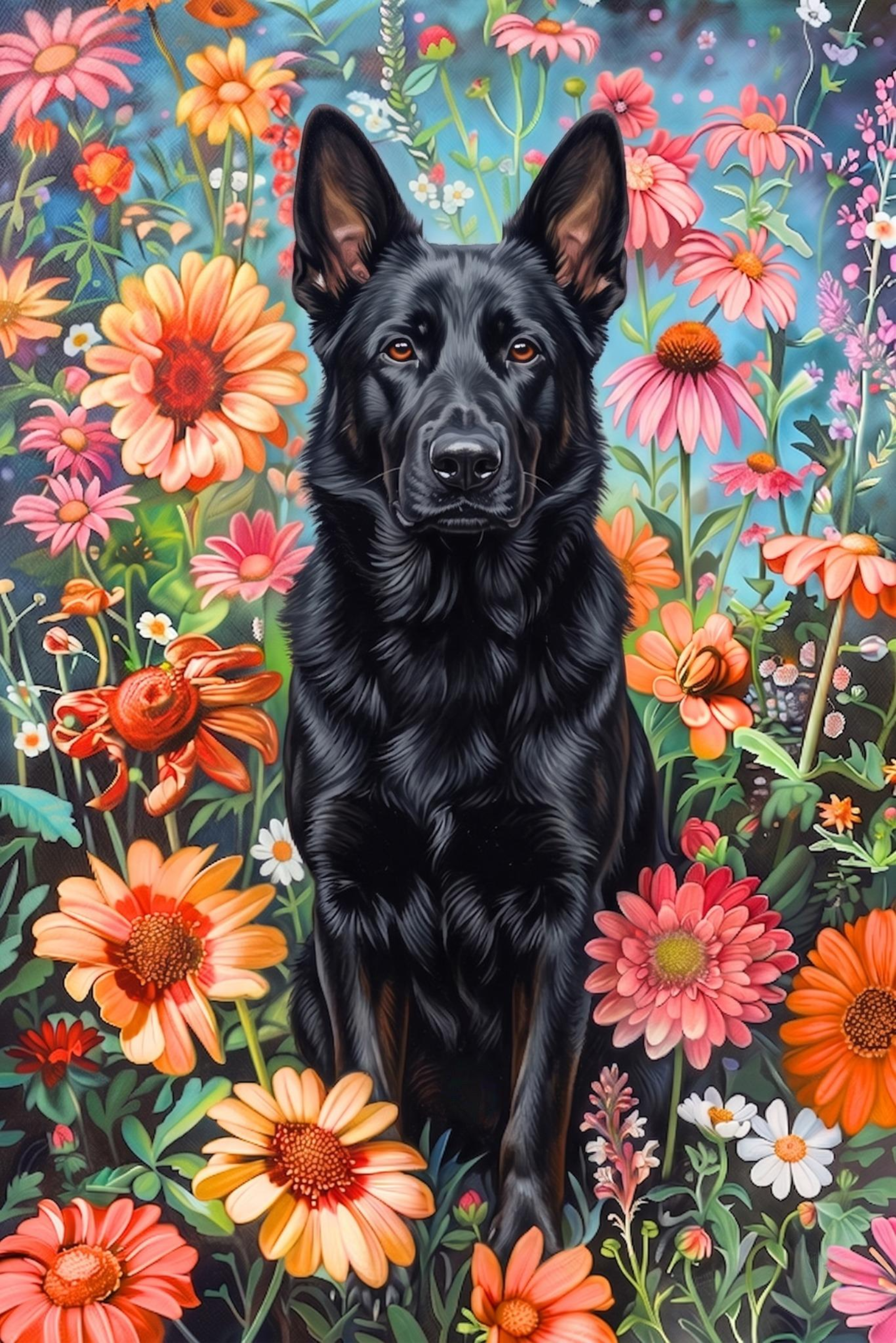 Flower Garden Black German Shepherd Diamond Art Kit