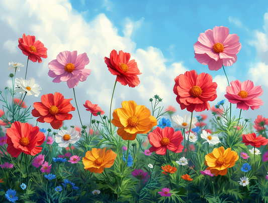 Blue Clouded Sky Colorful Flowers Diamond Art Kit