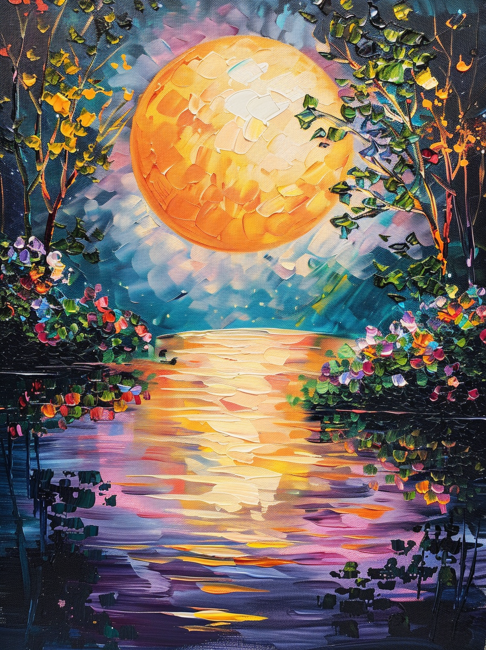 Orange Moon And Flowers Reflection Diamond Art Kit