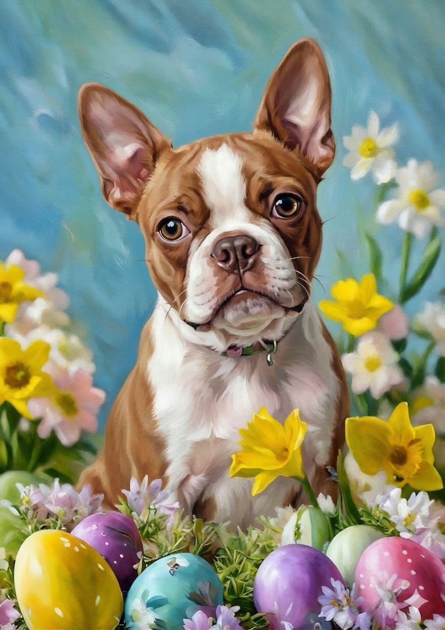 Red Boston Terrier Flowers And Easter Eggs Diamond Art Kit