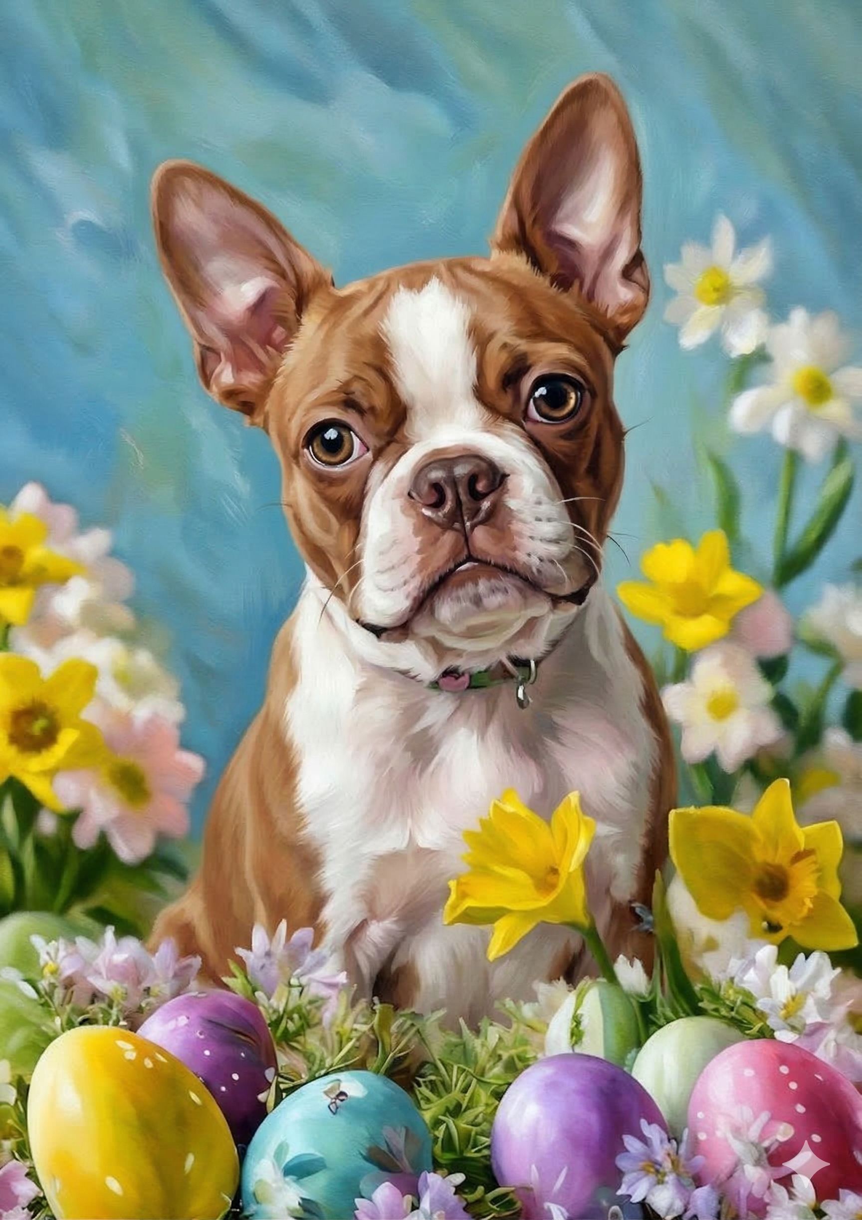 Red Boston Terrier Flowers And Easter Eggs Diamond Art Kit