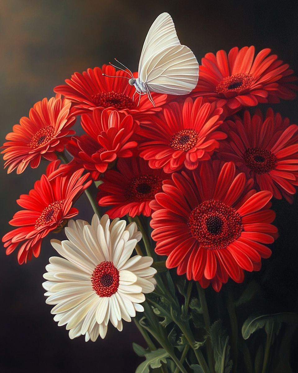 White Butterfly On Red Flowers Diamond Art Kit