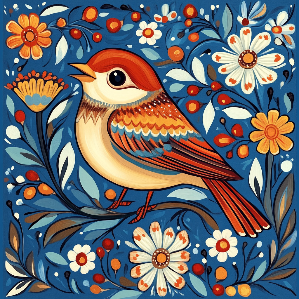 Brown Crown Bird Flowers Folk Art Diamond Art Kit