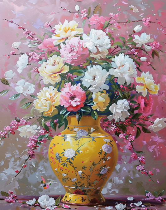 White Rose Yellow Vase Of Flowers Diamond Art Kit