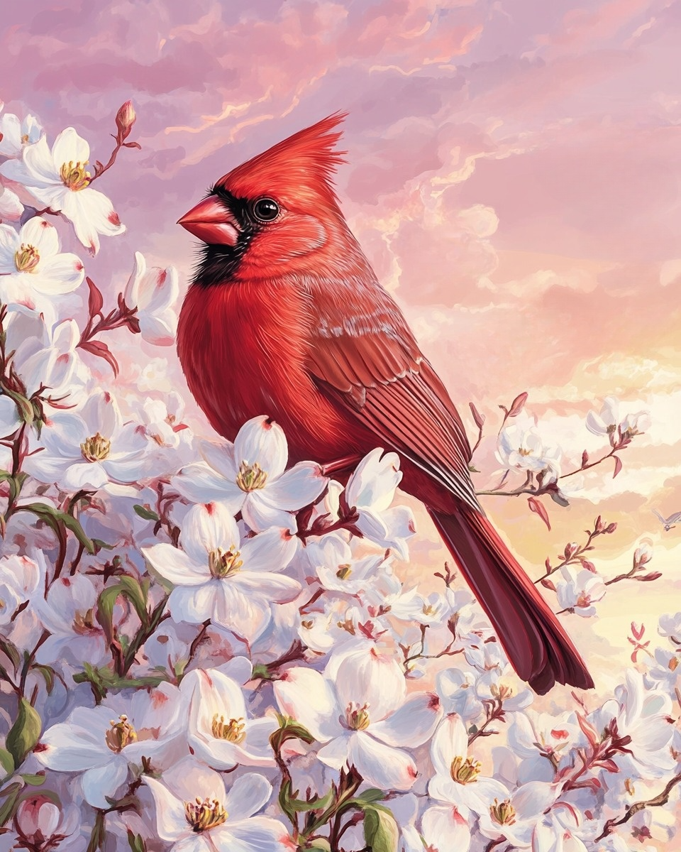 White Blossom Cardinal Diamond Art Kit