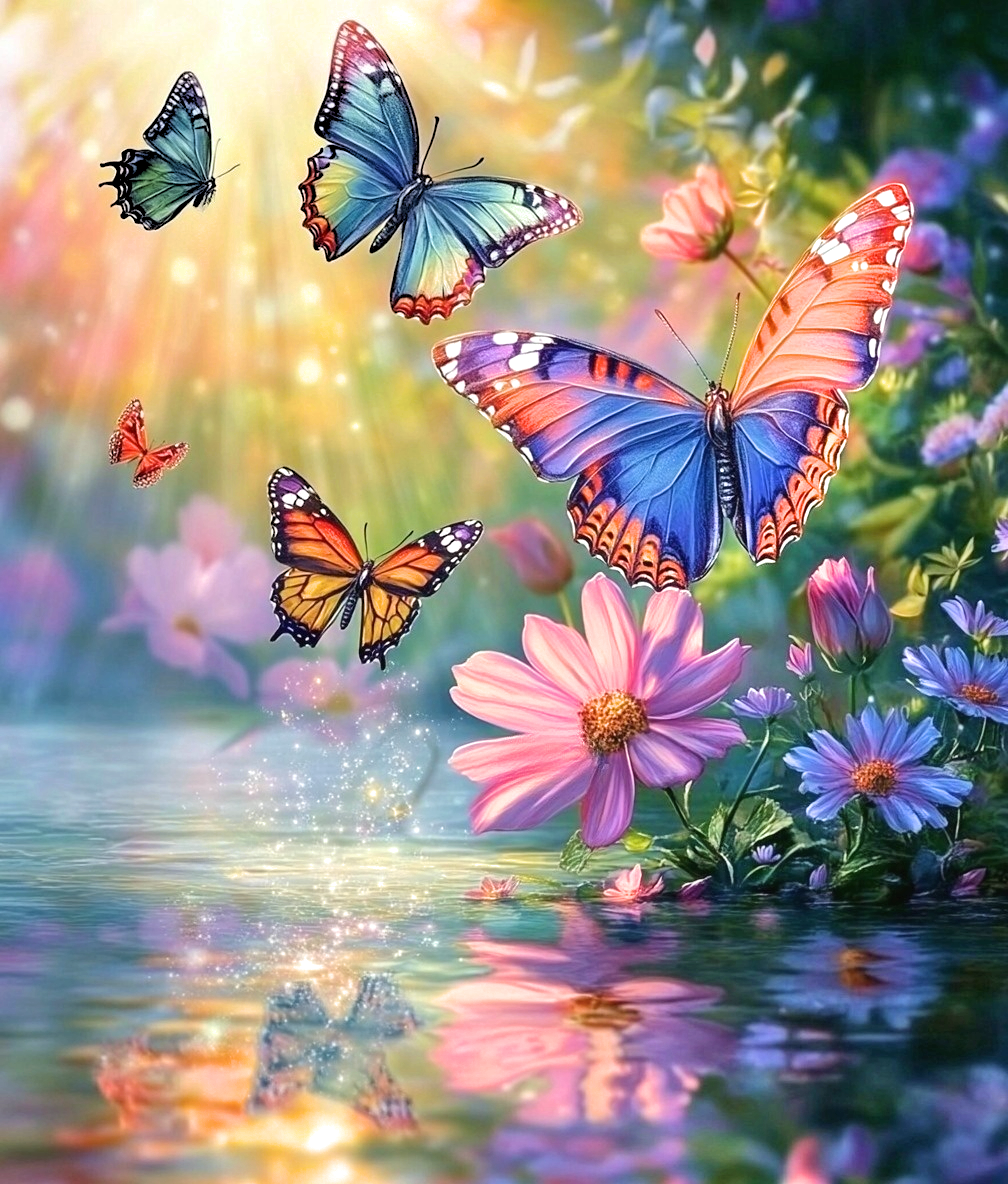 Pink Flower Water Butterflies Diamond Art Kit