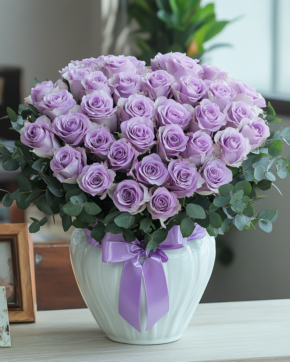 Lavender Roses And Leaves White Vase Diamond Art Kit