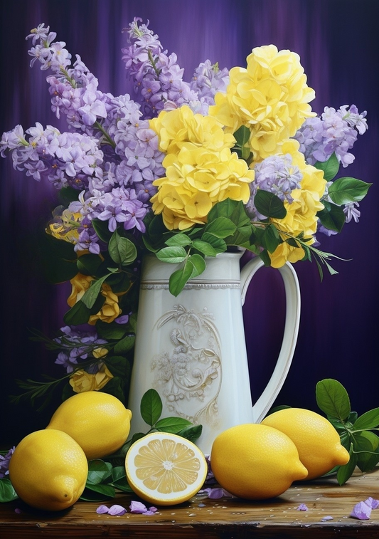 White Pitcher Of Flowers Lemons Diamond Art Kit