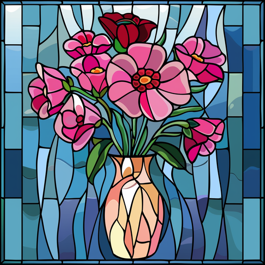 Blue Background Abstract Pink Flower Vase Diamond Art Kit