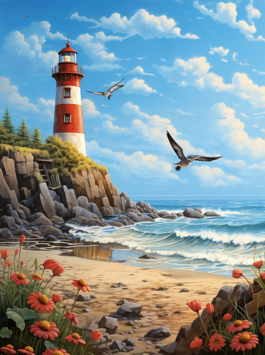 Striped Lighthouse Flowers Diamond Art Kit