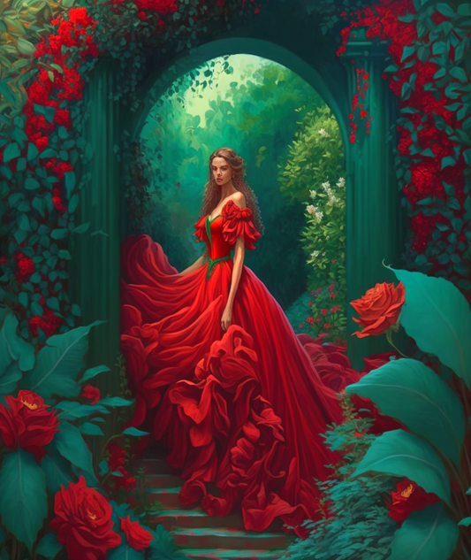 Green Archway Red Dress Woman Diamond Art Kit