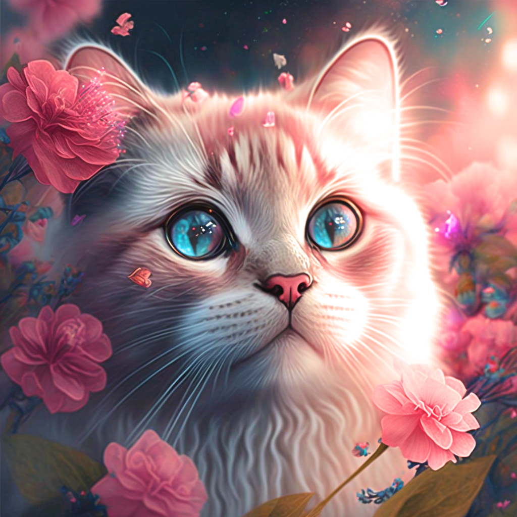 Blueeye Pink Flower Cat Diamond Art Kit
