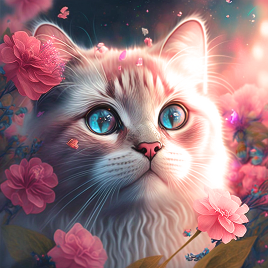 Blueeye Pink Flower Cat Diamond Art Kit