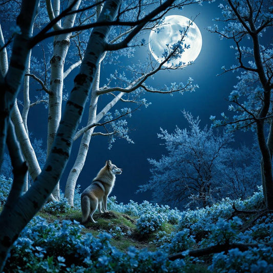 Blue Flower Moon Wolf Diamond Art Kit