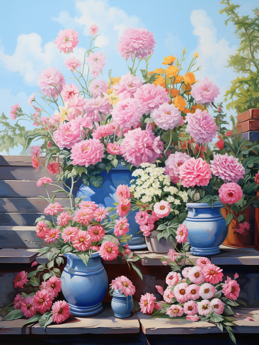 Pink Flowers In Blue Vases Diamond Art Kit