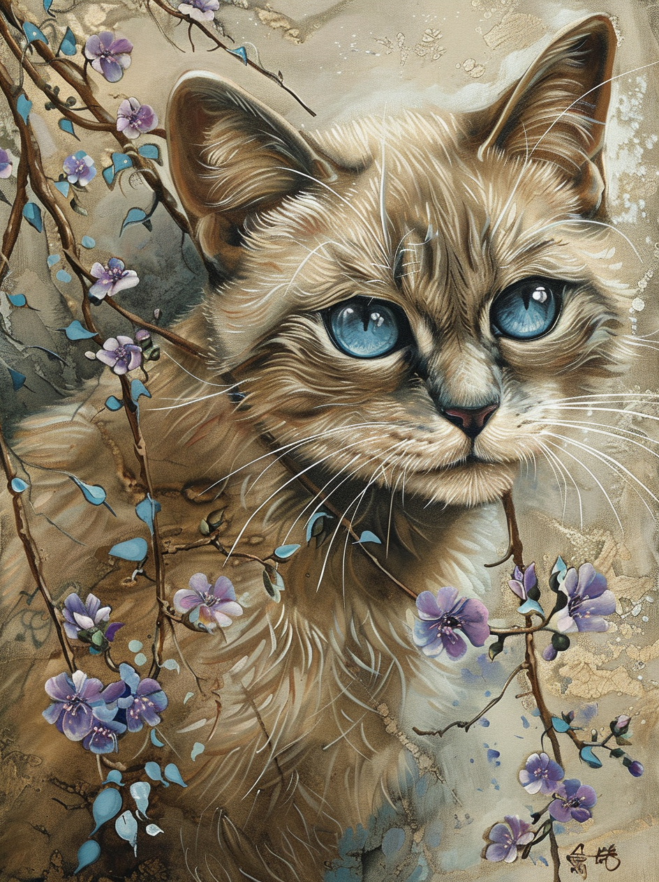 Purple Blossom Blueeye Cat Diamond Art Kit