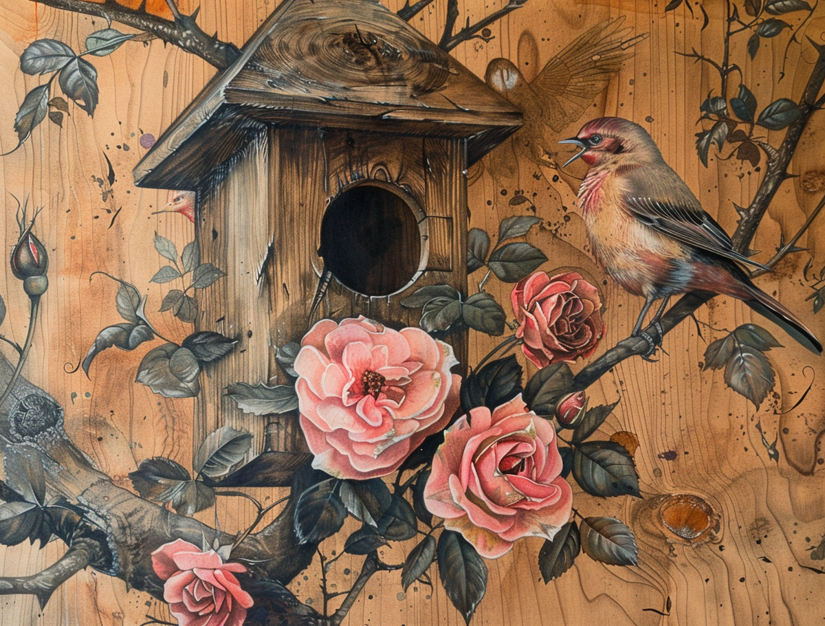 Pink Flower Wood Birdhouse Diamond Art Kit