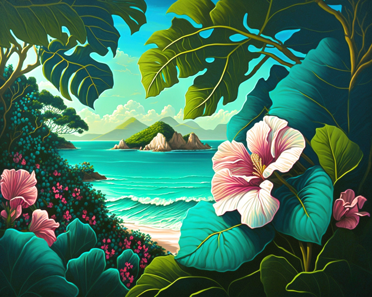 Purple Tropical Flower Beach Scene Diamond Art Kit