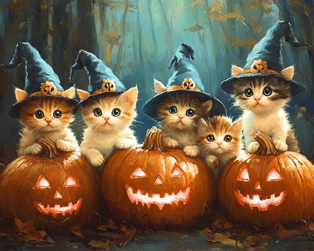 Five Kittens and Jackolanterns Diamond Art Kit
