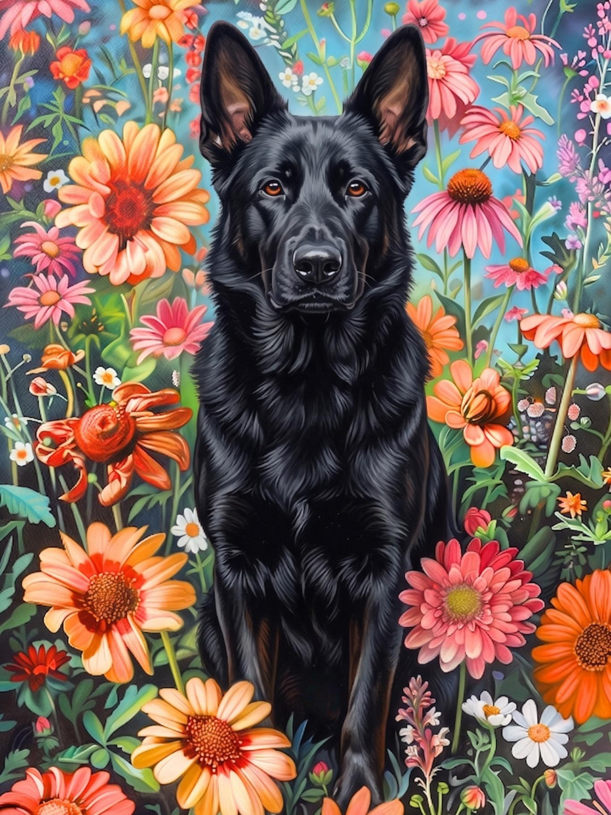 Flower Garden Black German Shepherd Diamond Art Kit