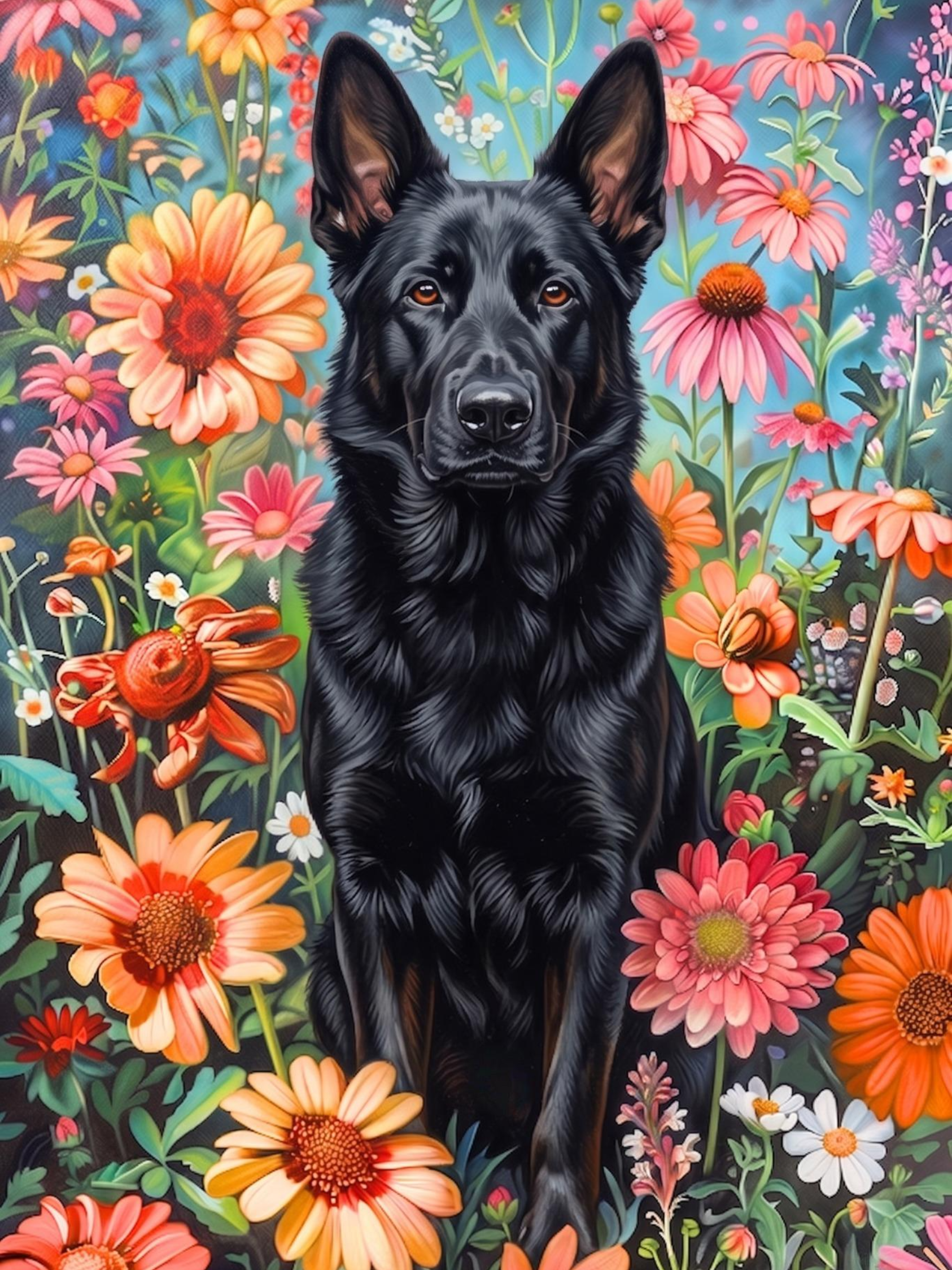 Flower Garden Black German Shepherd Diamond Art Kit