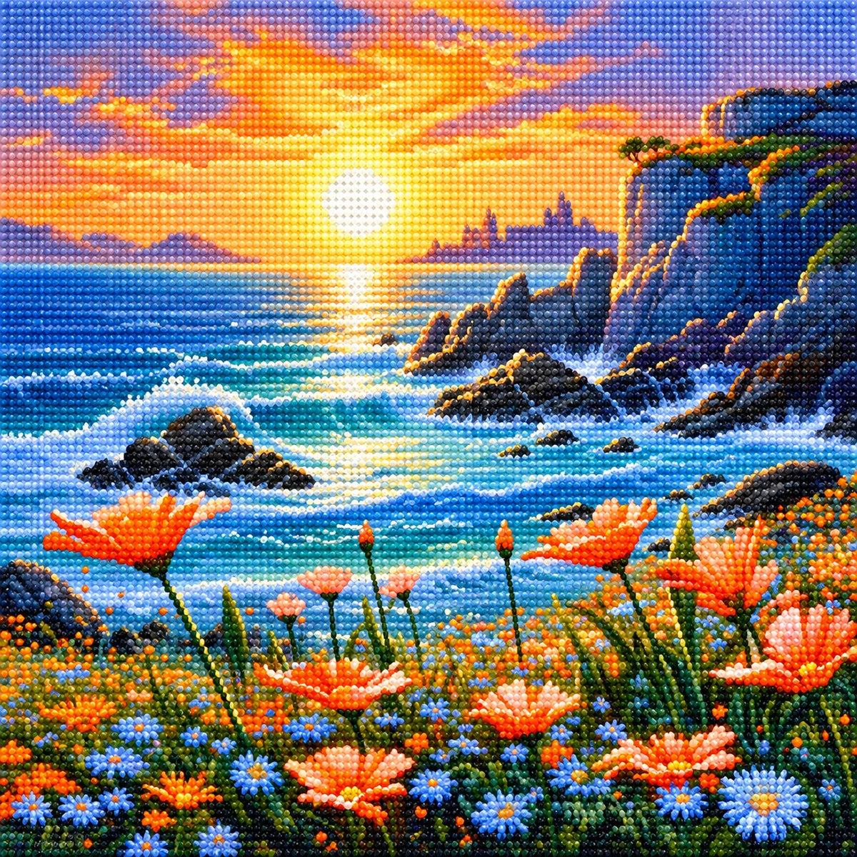 Flowers By The Ocean Sunset Diamond Art Kit