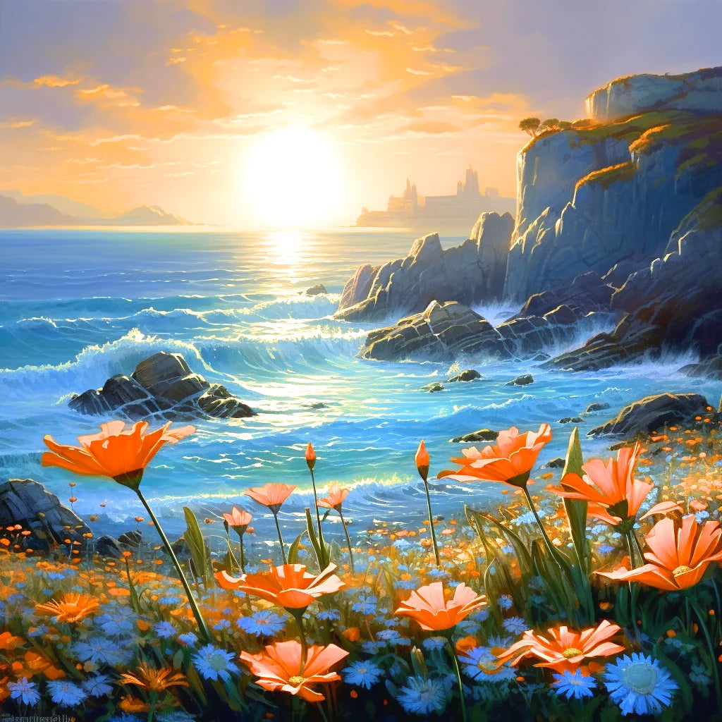 Flowers By The Ocean Sunset Diamond Art Kit