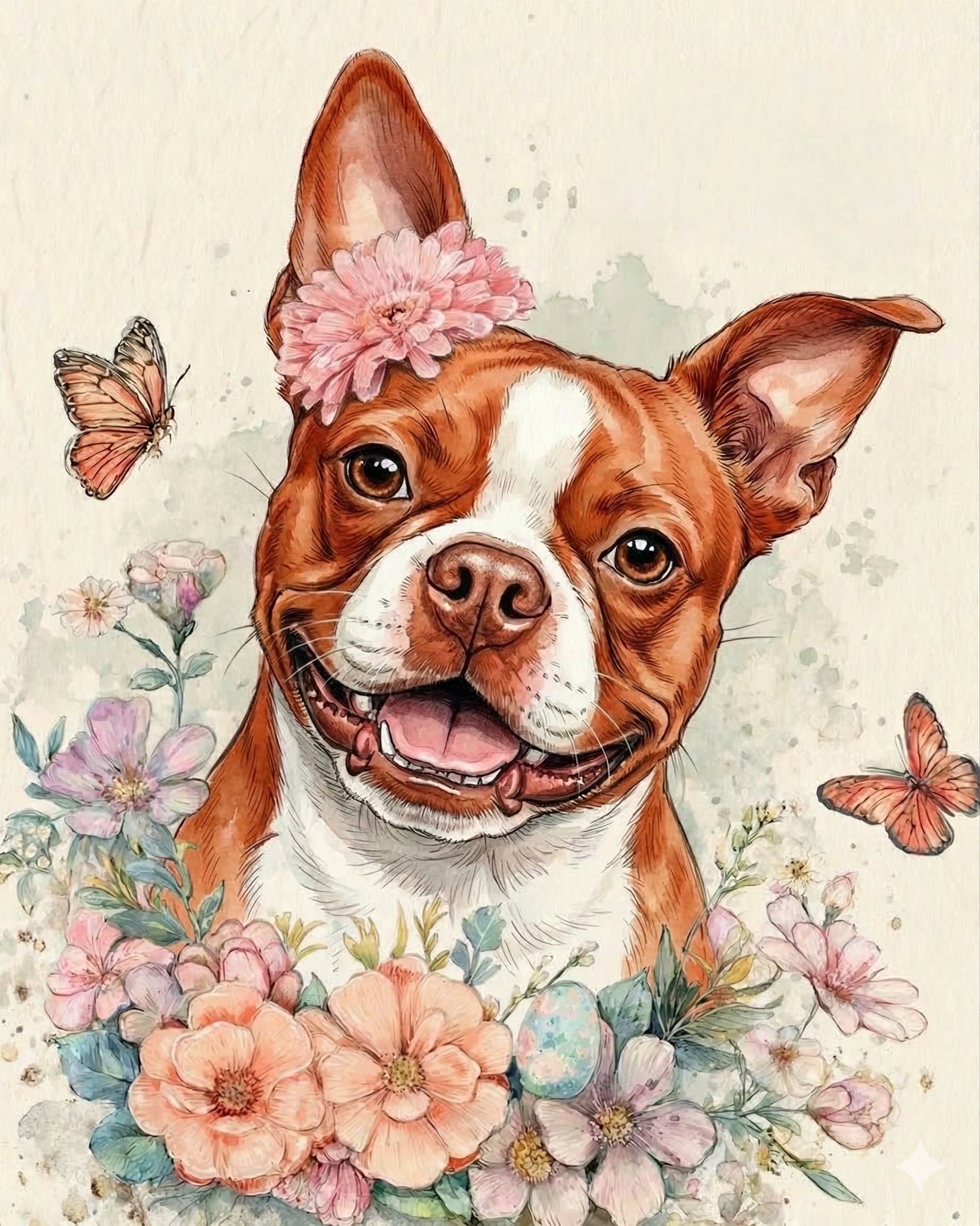 Flowers and Butterflies Red Boston Terrier Diamond Art Kit