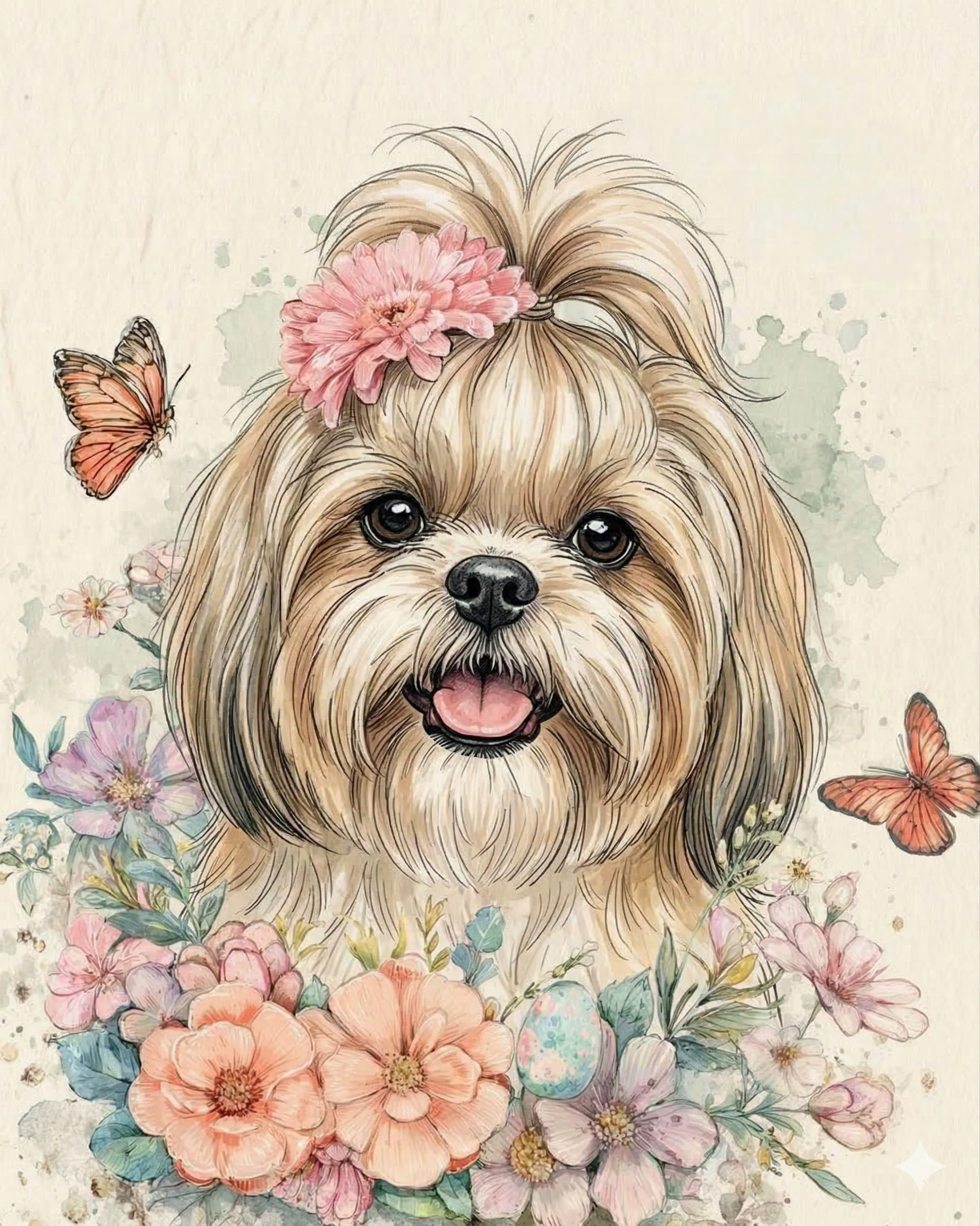 Flowers and Butterflies Shih Tzu Diamond Art Kit