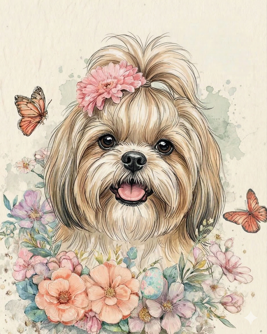 Flowers and Butterflies Shih Tzu Diamond Art Kit