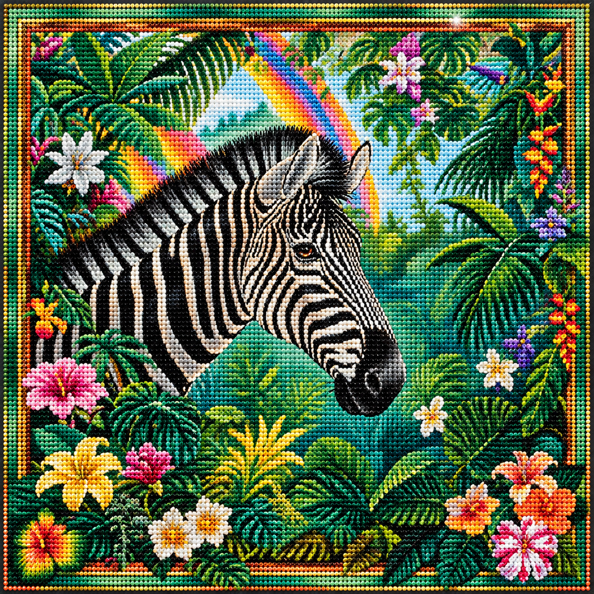 Flowers And Frame Zebra Diamond Art Kit