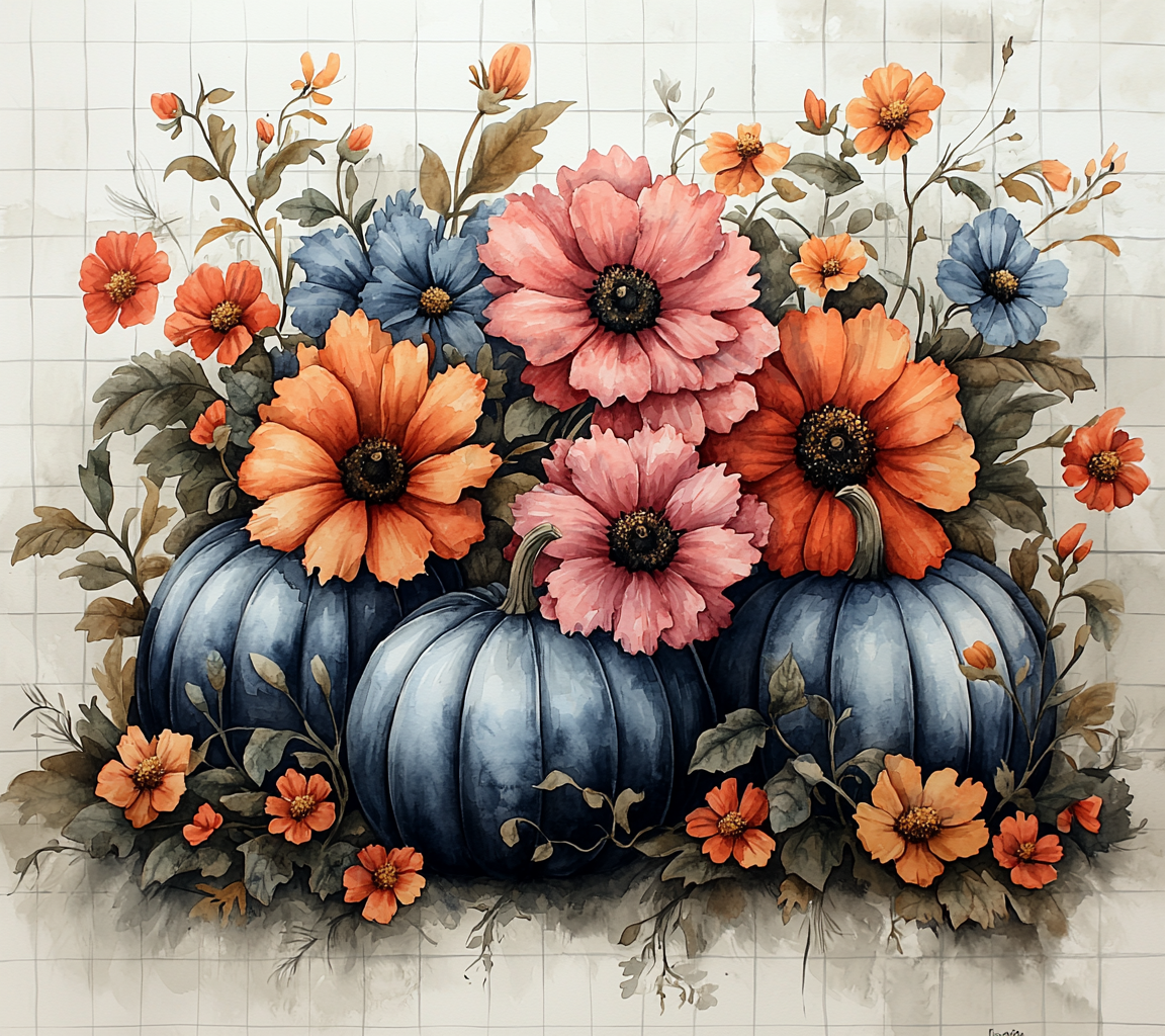 Flowers and Gray Pumpkins Diamond Art Kit