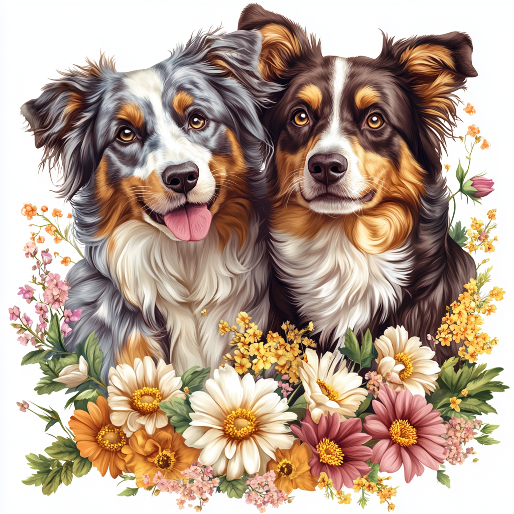 Flowers and Two Australian Shepherds Diamond Art Kit