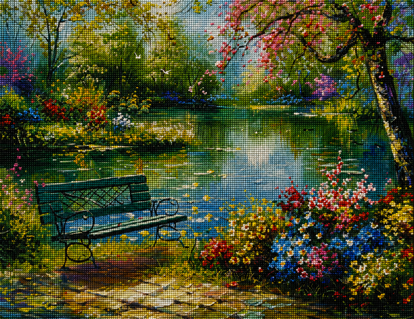 Flowers And Green Park Bench Diamond Art Kit