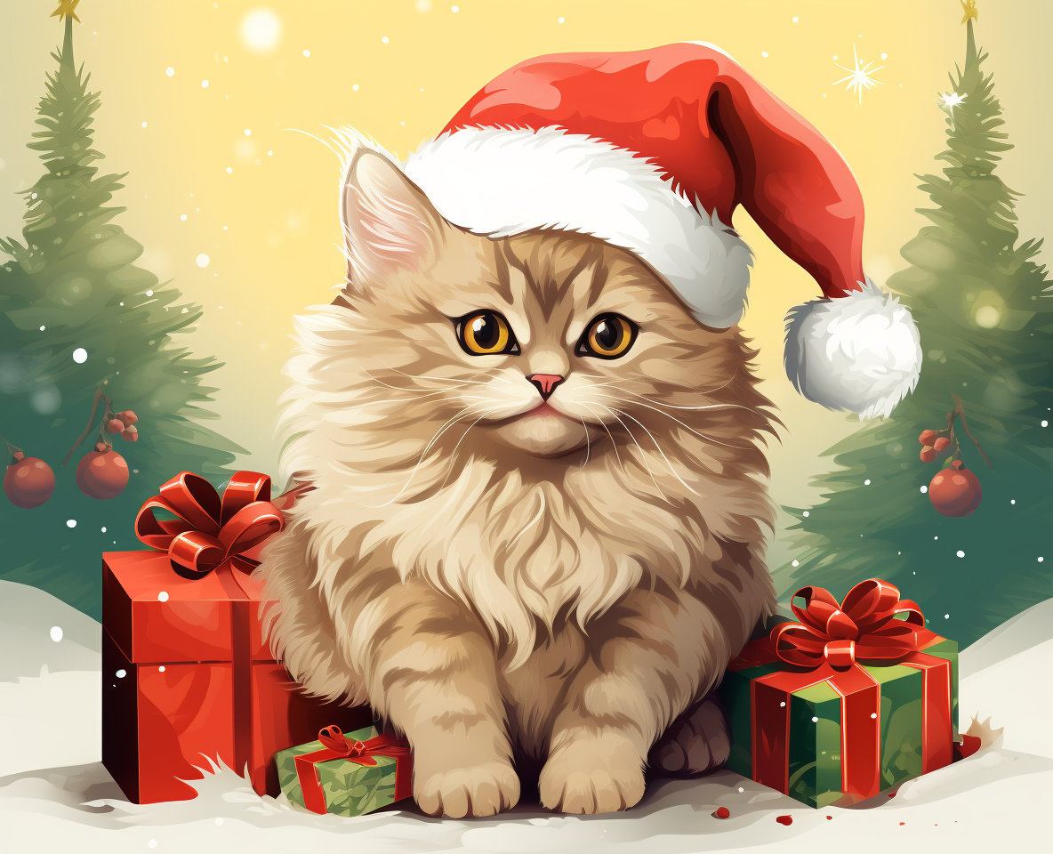 Fluffy Cat in a Santa Hat Diamond Art Kit