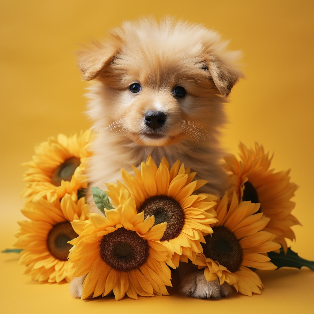 Fluffy Puppy in Sunflowers Diamond Art Kit