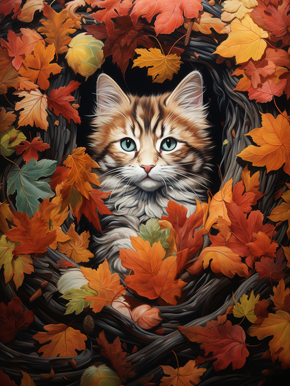 Fluffy Striped Cat in Leaves Diamond Art Kit