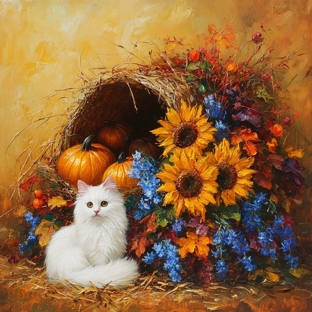 Fluffy White Cat Cornucopia Diamond Art Kit